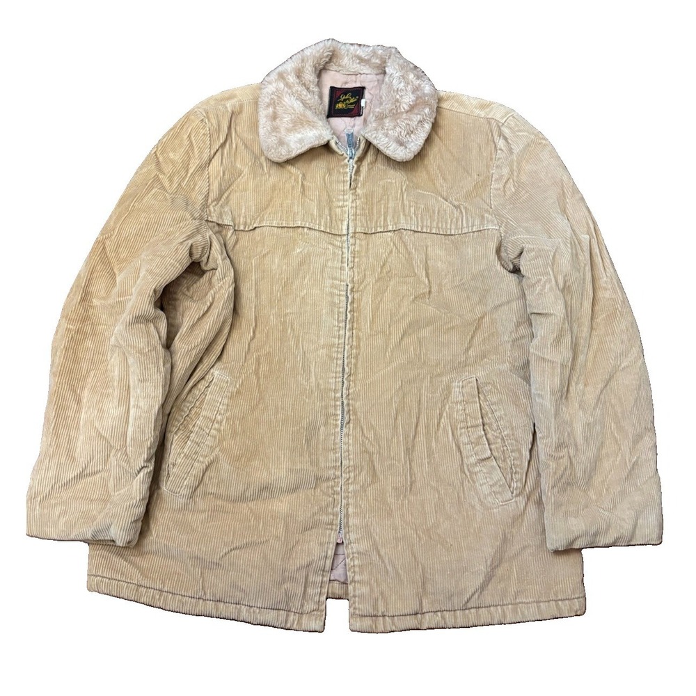 John Blair Men's Jacket Faux Fur Collar Quilted Lining Sz XL beige Corduroy VTG